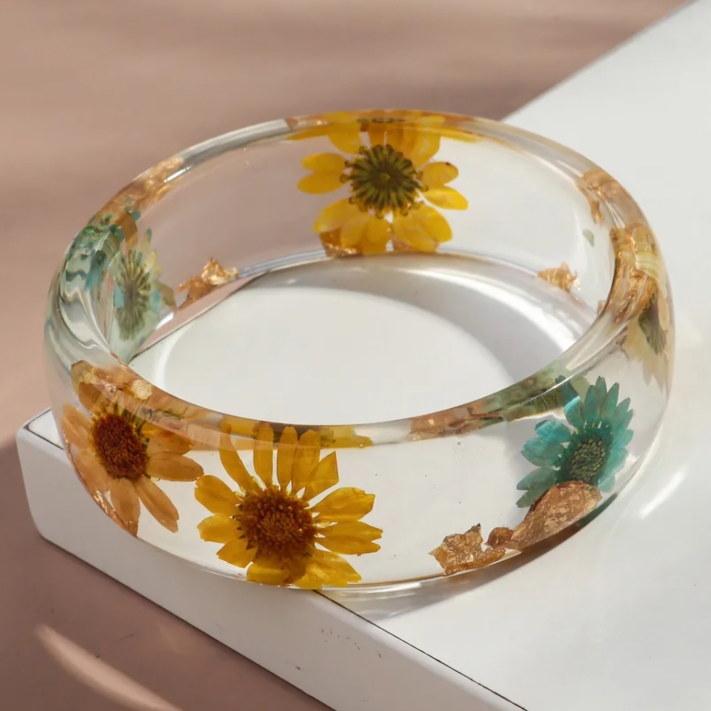 Bracelet Floral Resin Bangle Bracelet - Yellow Blue White
